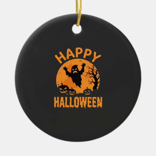 Happy Halloween Ghost Pumpkin Vector Design Ceramic Tree Decoration (Front)