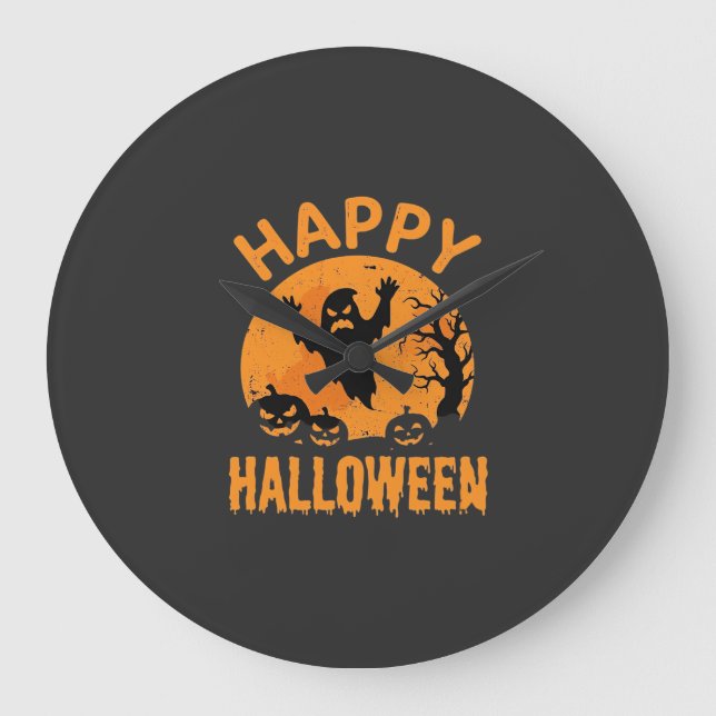 Happy Halloween Ghost Pumpkin Vector Design Large Clock (Front)