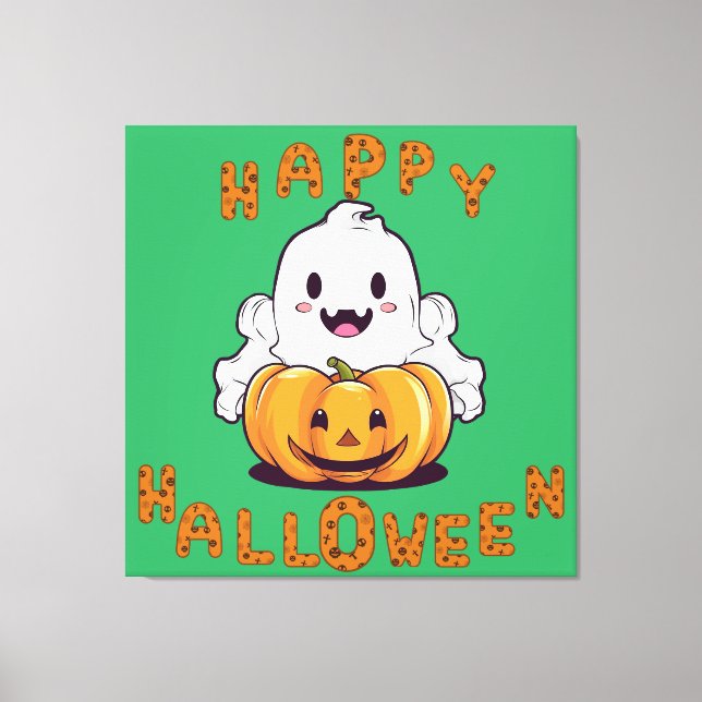 Happy Halloween Ghost sitting on a pumpkin  Canvas Print (Front)