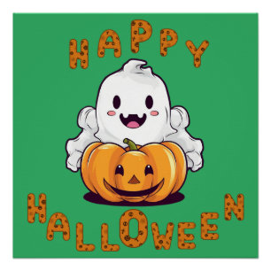 Happy Halloween Ghost sitting on a pumpkin Poster