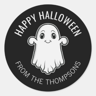 Happy Halloween Ghost Smiling Custom Text Black Classic Round Sticker