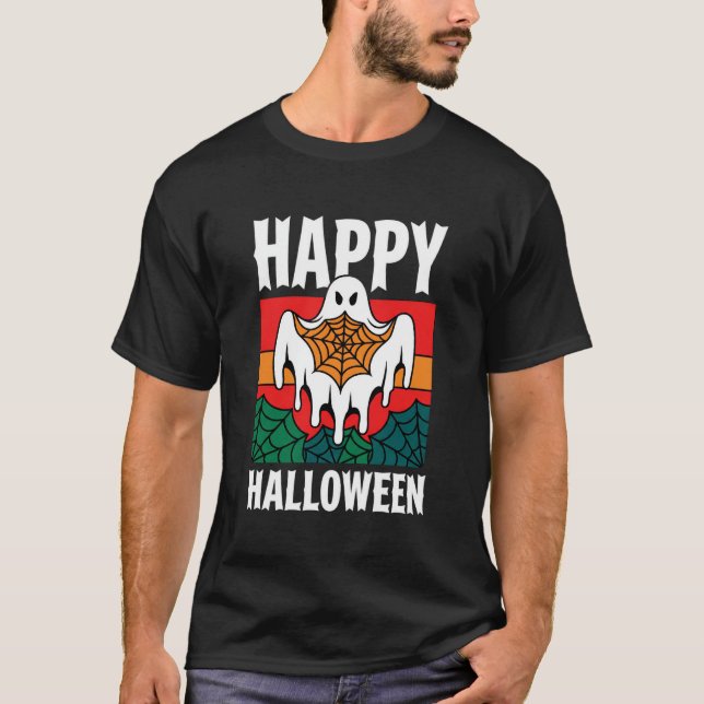 Happy Halloween Ghost Spiderweb Retro T-Shirt (Front)