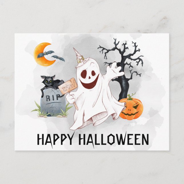 Happy Halloween Ghost Watercolor Postcard (Front)