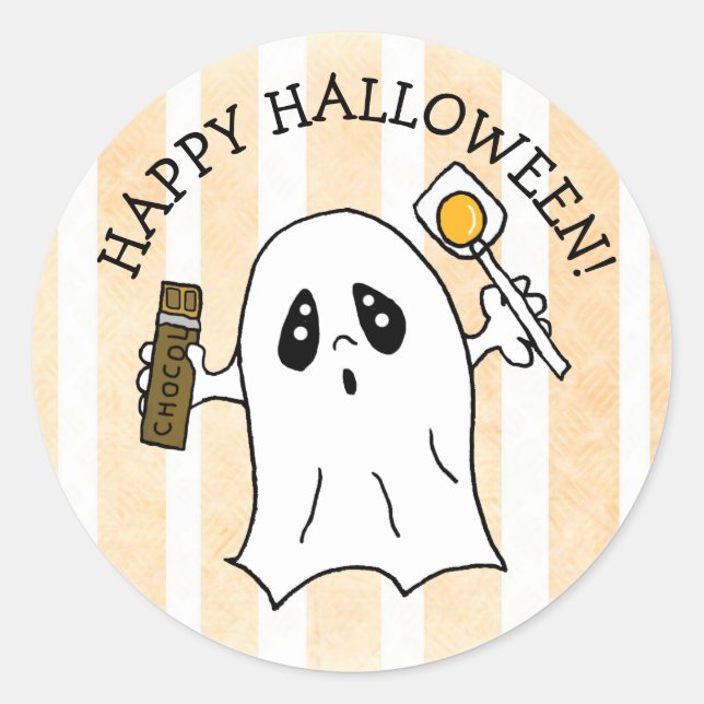 Happy Halloween Ghost with Candy Classic Round Sticker (Front)