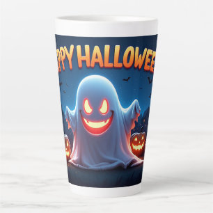Happy Halloween Ghost With Glowing Pumpkins Night Latte Mug