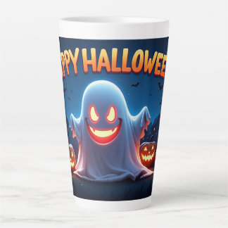 Happy Halloween Ghost With Glowing Pumpkins Night Latte Mug