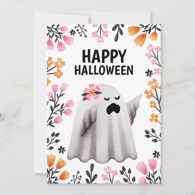 Happy Halloween Ghost with Pastel Florals Holiday Card (Front)