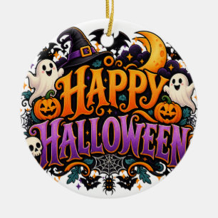 Happy Halloween Ghosts Skulls and Pumpkins Ornamen Ceramic Tree Decoration