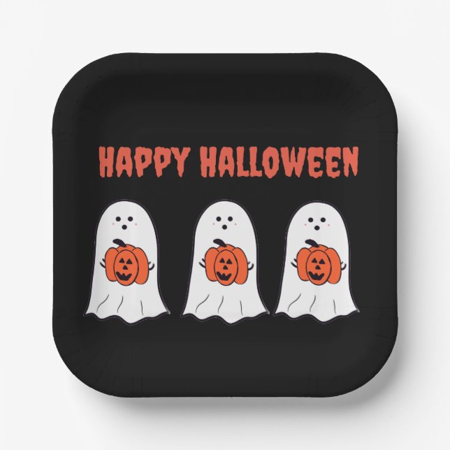 Happy Halloween Ghosts with Jack-o-Lanterns Paper Plate (Front)