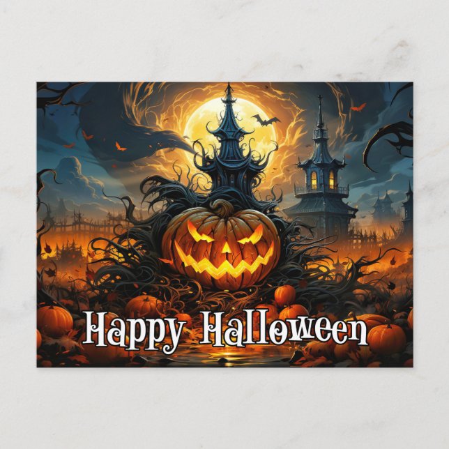Happy Halloween | Glowing Nefarious Pumpkin Postcard (Front)