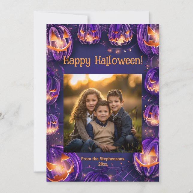 Happy Halloween Glowing Night Pumpkins Photo Card (Front)