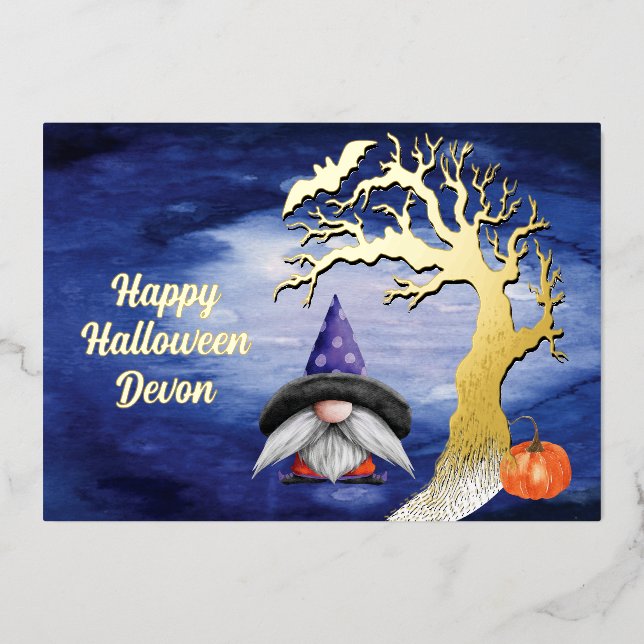 Happy Halloween Gnome Spooky Greeting Foil Holiday Card (Front)