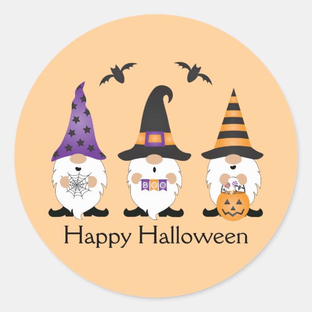 Happy Halloween Gnomes Purple Orange Classic Round Sticker (Front)