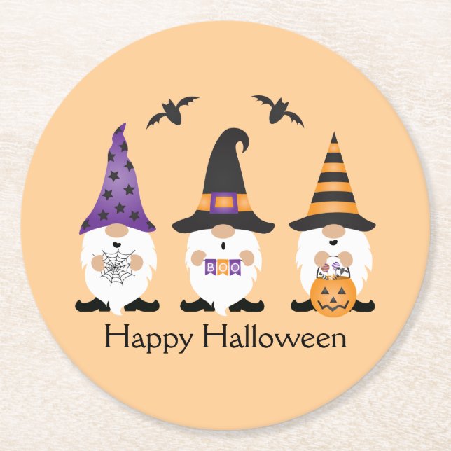 Happy Halloween Gnomes Purple Orange Round Paper Coaster (Front)