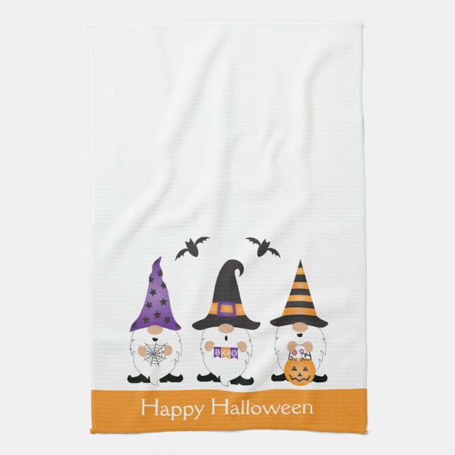 Happy Halloween Gnomes Purple Orange Tea Towel (Vertical)
