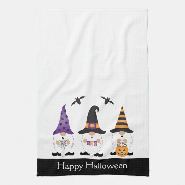 Happy Halloween Gnomes Purple Orange  Tea Towel (Vertical)
