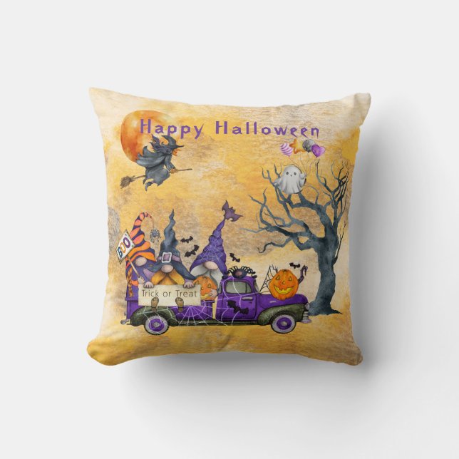 Happy Halloween Gnomes Witch Cat Dog & Ghost Cushion (Front)