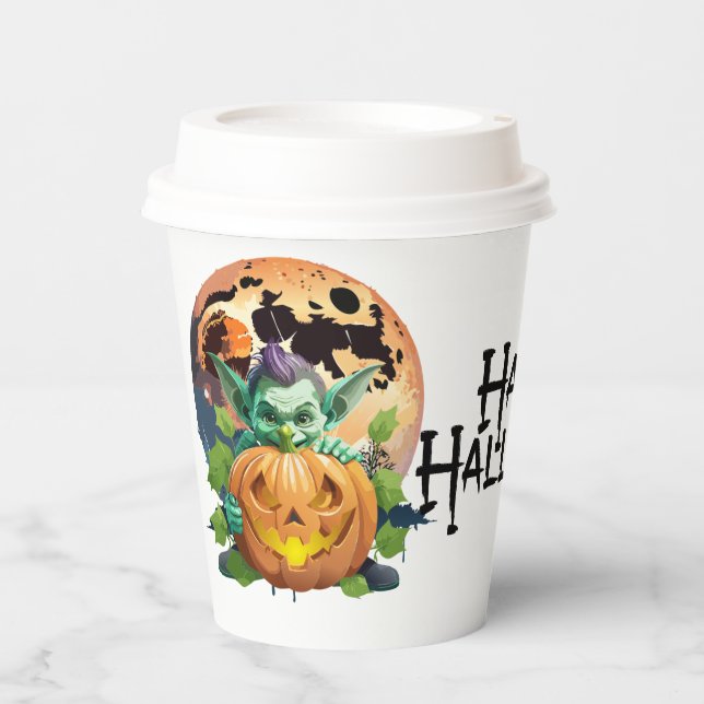 Happy Halloween Goblin Hiding Behind Pumpkin Paper Cups (Front)