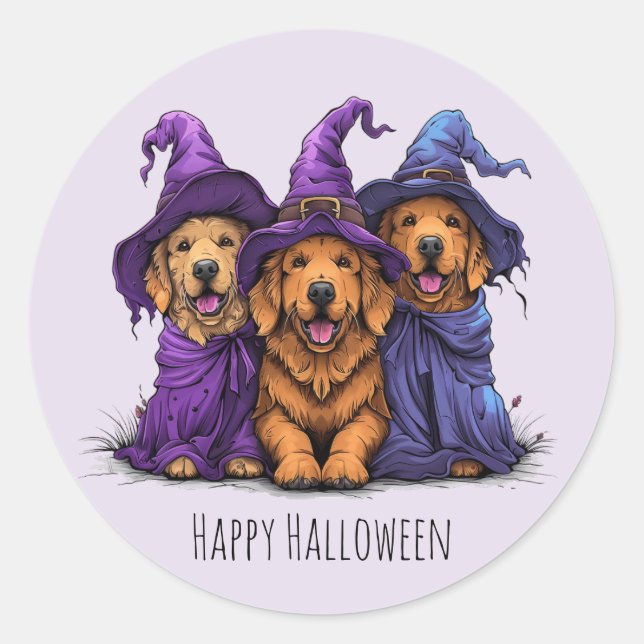 Happy Halloween Golden Retriever Dogs Witches Classic Round Sticker (Front)
