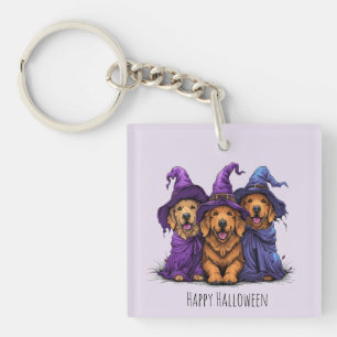 Happy Halloween Golden Retriever Dogs Witches Key Ring