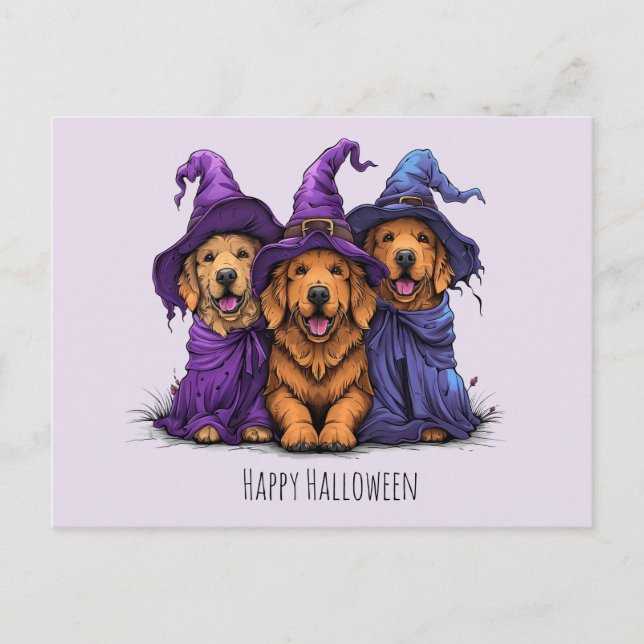 Happy Halloween Golden Retriever Dogs Witches Postcard (Front)