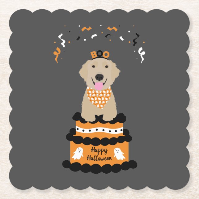 Happy Halloween Golden Retriever Spooky Ghost Boo Paper Coaster (Front)