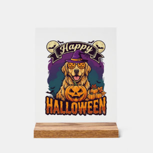 Happy Halloween Golden Retriever Witch Hat Pumpkin Acrylic Sign