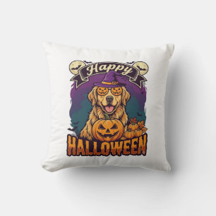 Happy Halloween Golden Retriever Witch Hat Pumpkin Cushion