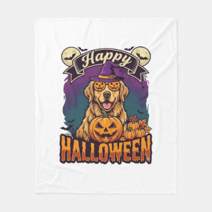 Happy Halloween Golden Retriever Witch Hat Pumpkin Fleece Blanket