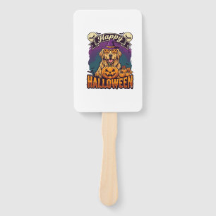 Happy Halloween Golden Retriever Witch Hat Pumpkin Hand Fan