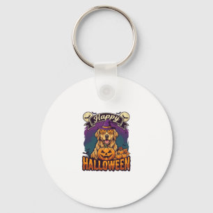 Happy Halloween Golden Retriever Witch Hat Pumpkin Key Ring
