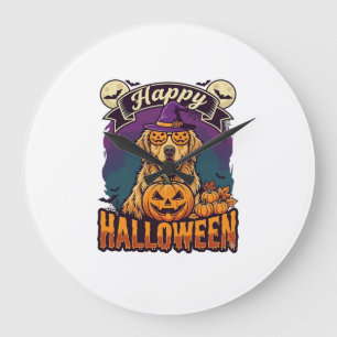 Happy Halloween Golden Retriever Witch Hat Pumpkin Large Clock