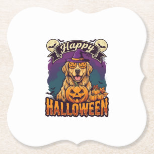 Happy Halloween Golden Retriever Witch Hat Pumpkin Paper Coaster