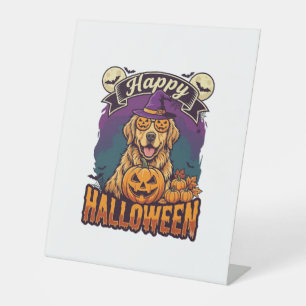Happy Halloween Golden Retriever Witch Hat Pumpkin Pedestal Sign