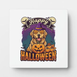 Happy Halloween Golden Retriever Witch Hat Pumpkin Plaque