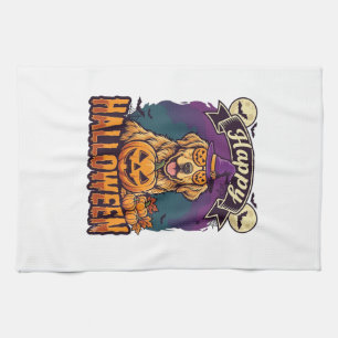 Happy Halloween Golden Retriever Witch Hat Pumpkin Tea Towel