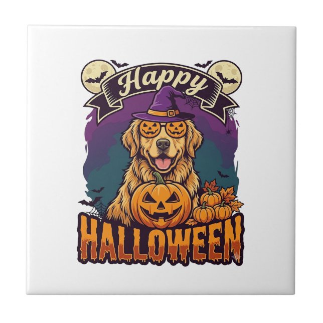 Happy Halloween Golden Retriever Witch Hat Pumpkin Tile (Front)
