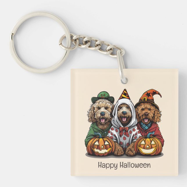 Happy Halloween Goldendoodle Dogs Key Ring (Front)