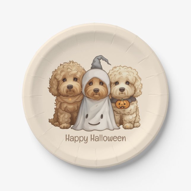 Happy Halloween Goldendoodle Dogs Paper Plate (Front)
