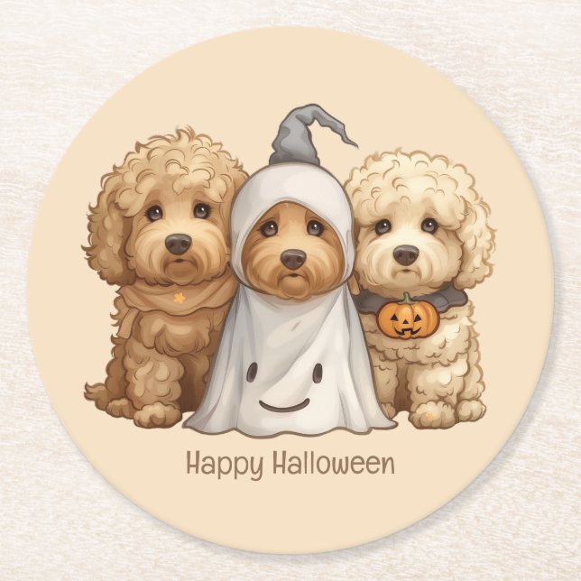 Happy Halloween Goldendoodle Dogs Round Paper Coaster (Front)