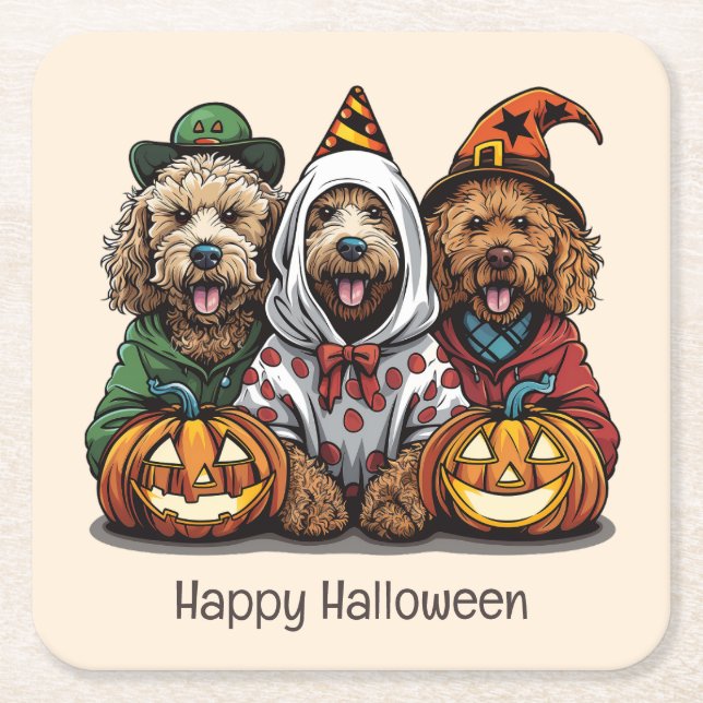 Happy Halloween Goldendoodle Dogs Square Paper Coaster (Front)
