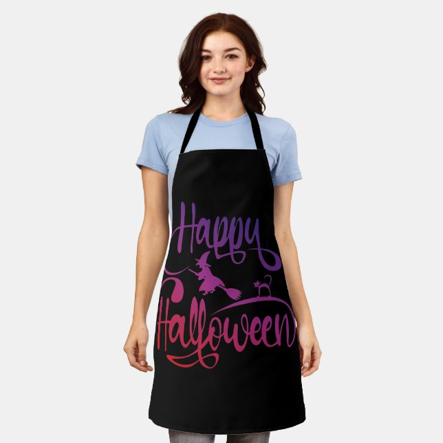 Happy Halloween gradient flying witch cat  Apron (Worn)
