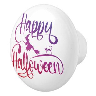 Happy Halloween gradient flying witch cat  Ceramic Knob