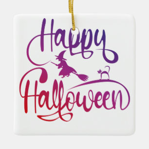 Happy Halloween gradient flying witch cat  Ceramic Ornament