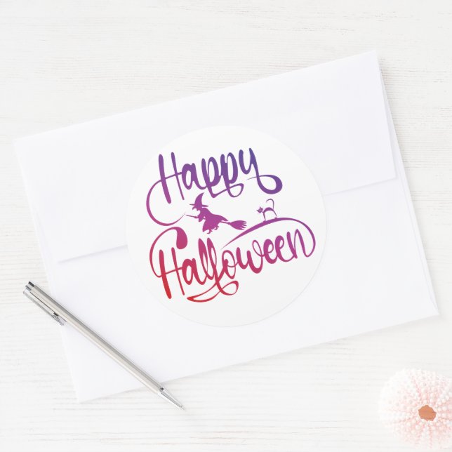 Happy Halloween gradient flying witch cat  Classic Round Sticker (Envelope)