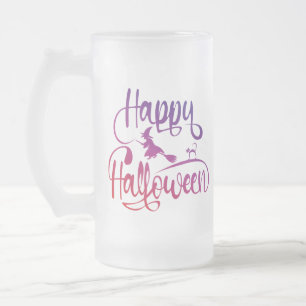Happy Halloween gradient flying witch cat Frosted Glass Beer Mug