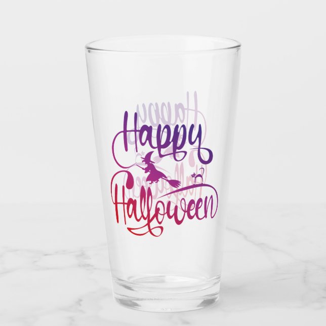 Happy Halloween gradient flying witch cat  Glass (Front)