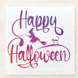 Happy Halloween gradient flying witch cat  Glass Coaster