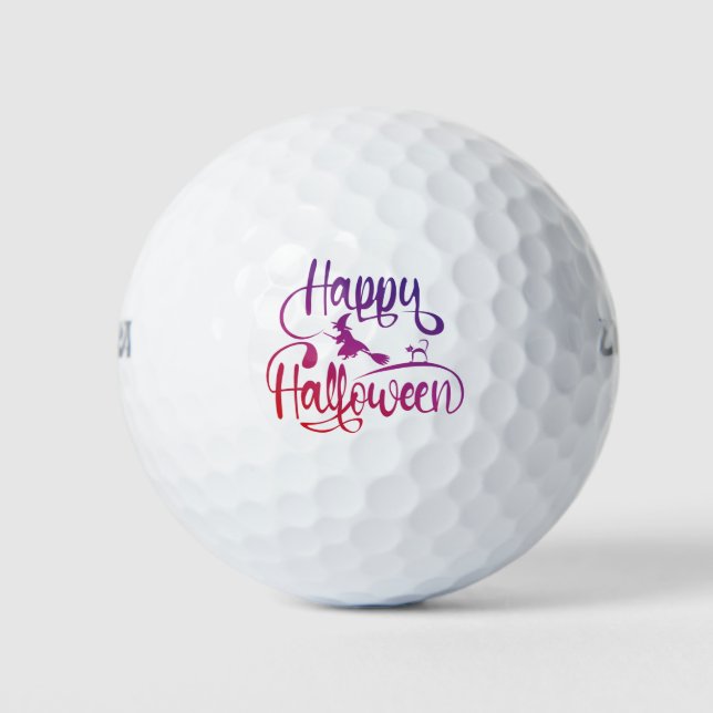 Happy Halloween gradient flying witch cat  Golf Balls (Front)
