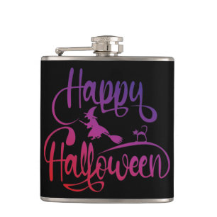 Happy Halloween gradient flying witch cat  Hip Flask